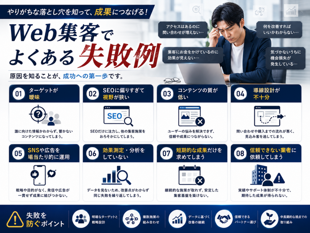 Web集客でよくある失敗例｜SEO対策・ホームページ制作・LP制作・Web広告・SNS運用で成果が出ない原因と改善方法を解説