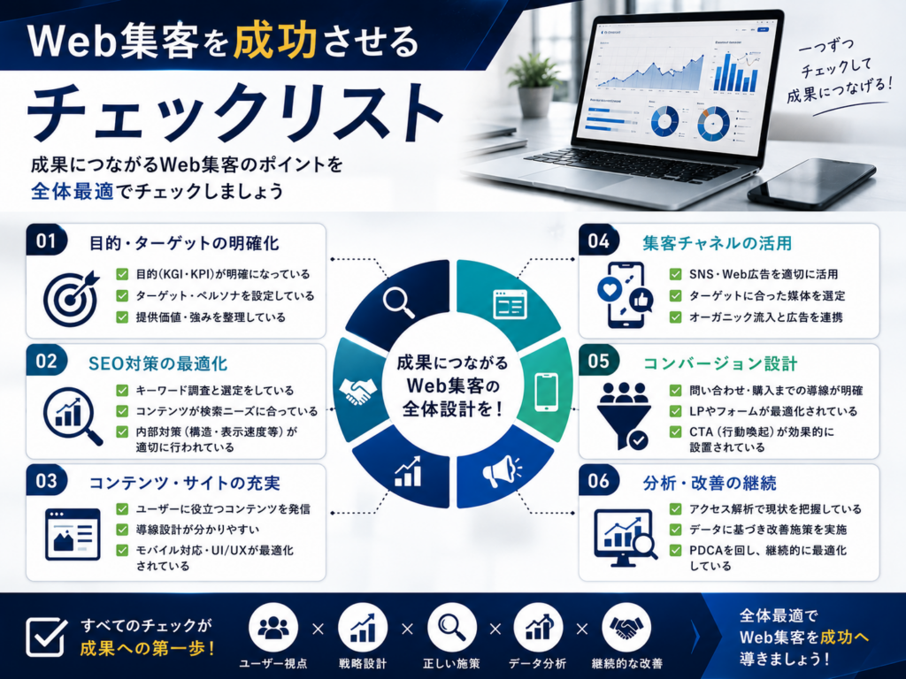 Web集客を成功させるチェックリスト｜SEO対策・ホームページ制作・LP制作・Web広告・SNS運用・アクセス解析の確認ポイントを解説
