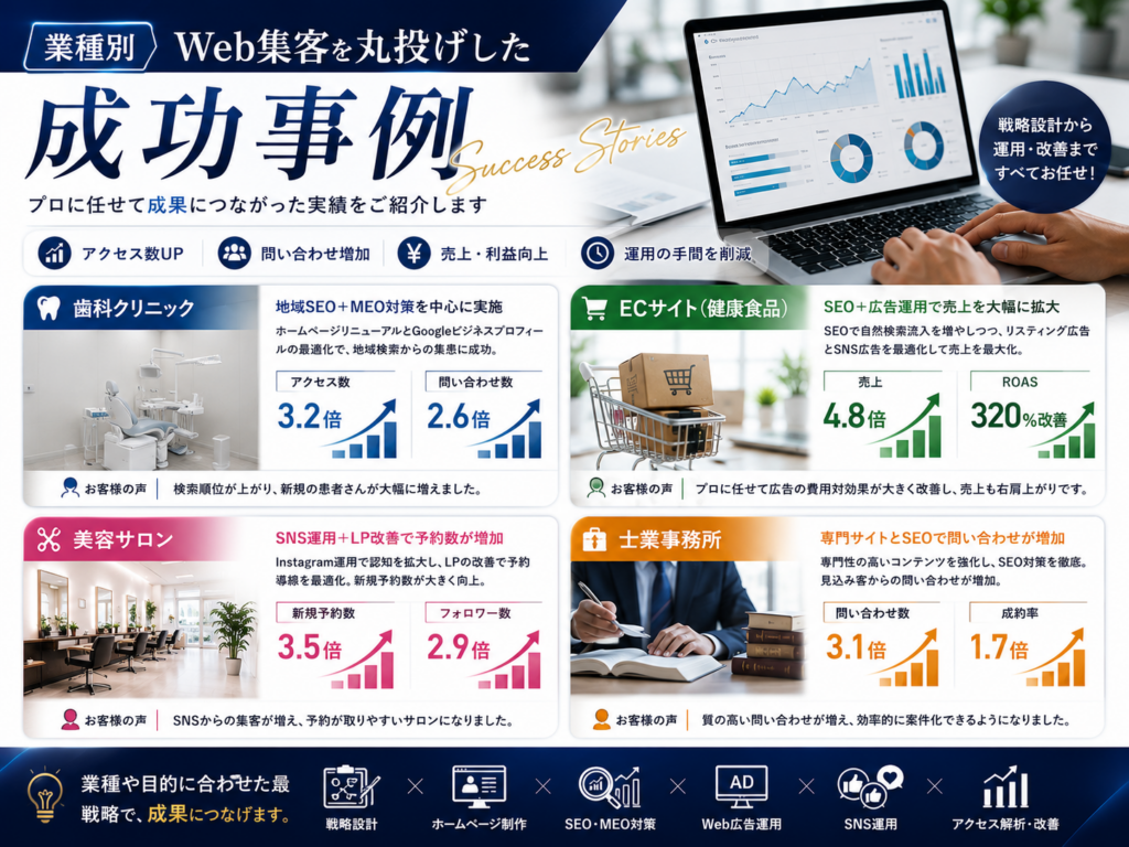 業種別｜Web集客を丸投げした成功事例｜SEO対策・ホームページ制作・LP制作・Web広告・SNS運用で成果を上げた事例を紹介
