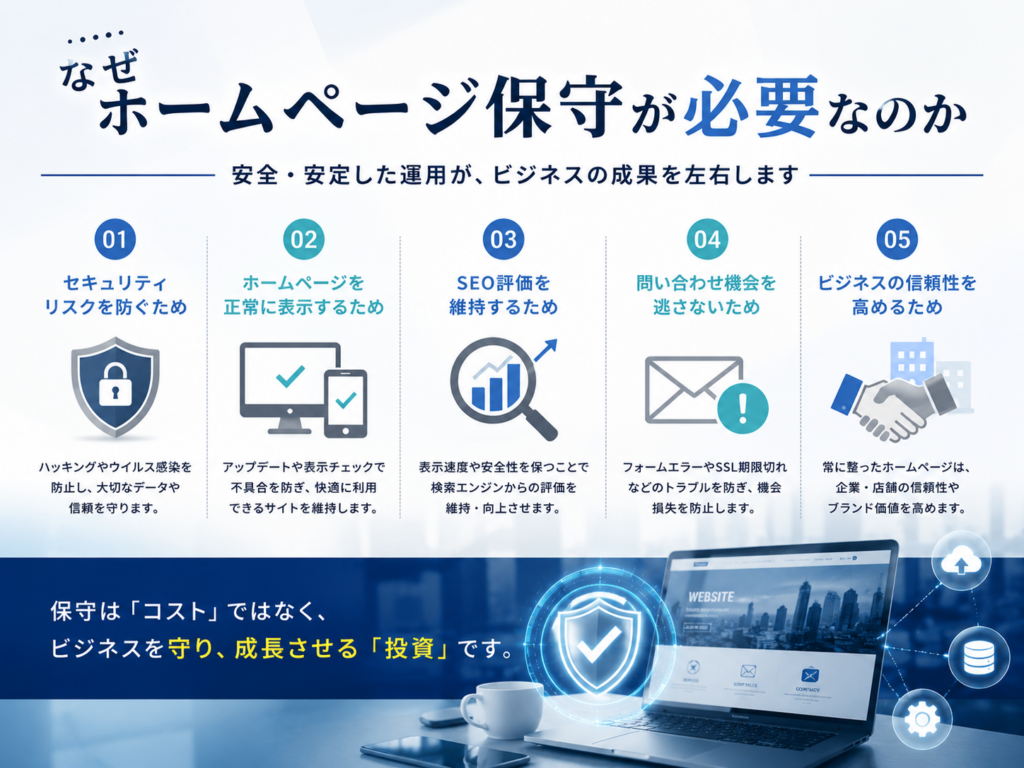 ホームページ保守が必要な理由を解説したイメージ画像。セキュリティ対策、正常表示の維持、SEO評価の維持、問い合わせ機会の損失防止、企業の信頼性向上など、ホームページ保守の重要性を分かりやすく紹介