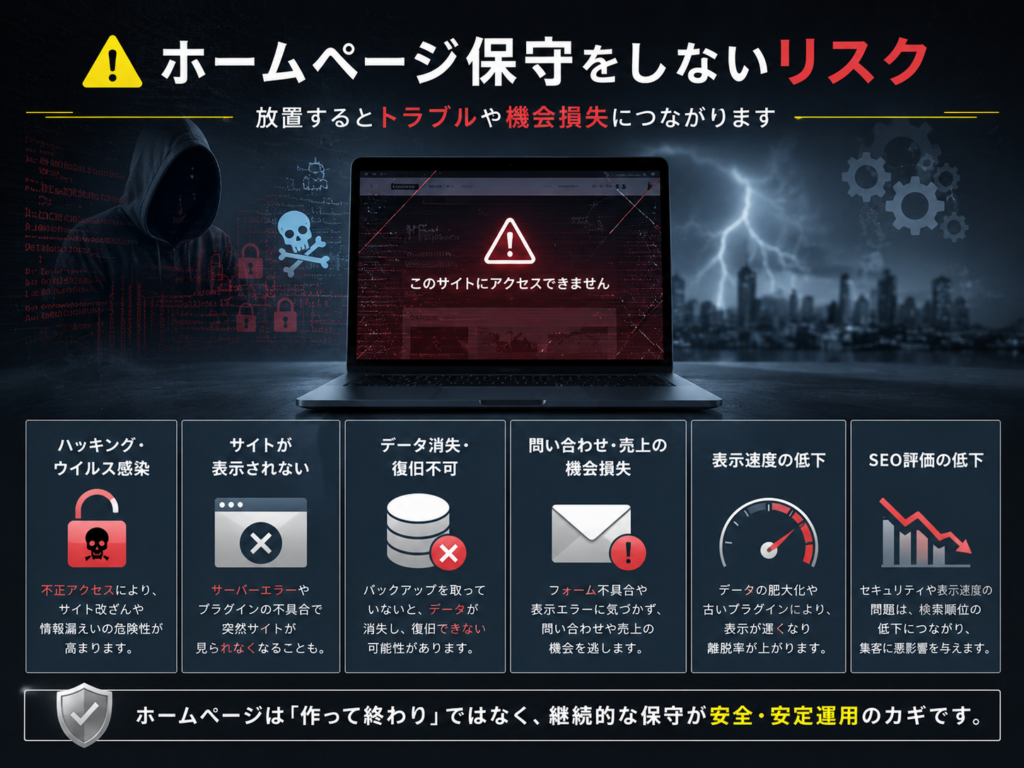 ホームページ保守をしないリスクを解説。ハッキングやウイルス感染、サイトの表示不具合、データ消失、問い合わせ機会の損失、表示速度の低下、SEO評価の低下など、ホームページ保守を怠ることで発生する主なリスクを分かりやすく紹介