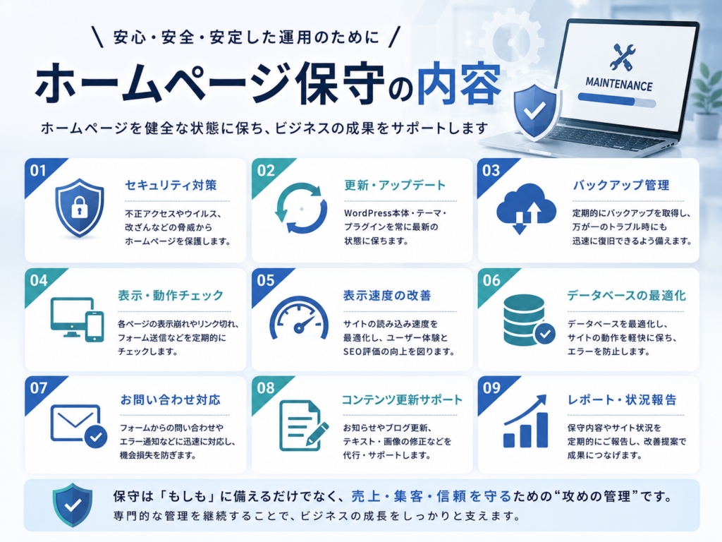 ホームページ保守の内容を分かりやすく解説。セキュリティ対策、WordPress更新、バックアップ、表示・動作チェック、表示速度改善、データベース最適化、お問い合わせ対応、コンテンツ更新、保守レポートなど、ホームページ保守サービスの主な内容を紹介
