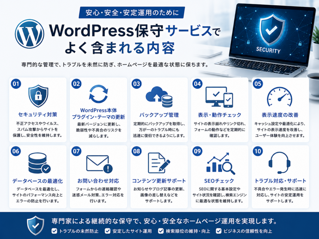 WordPress保守サービスに含まれる内容を解説。WordPress本体・プラグイン・テーマの更新、セキュリティ対策、バックアップ、表示・動作チェック、表示速度改善、データベース最適化、お問い合わせ対応、コンテンツ更新、SEOチェック、トラブル対応など、保守サービスの主な内容を紹介