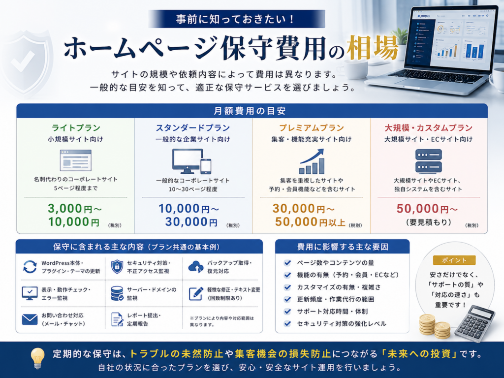 ホームページ保守費用の相場を分かりやすく解説。ホームページ保守・WordPress保守の月額費用の目安やサービス内容、費用が変動する要因を比較し、保守会社選びのポイントを紹介