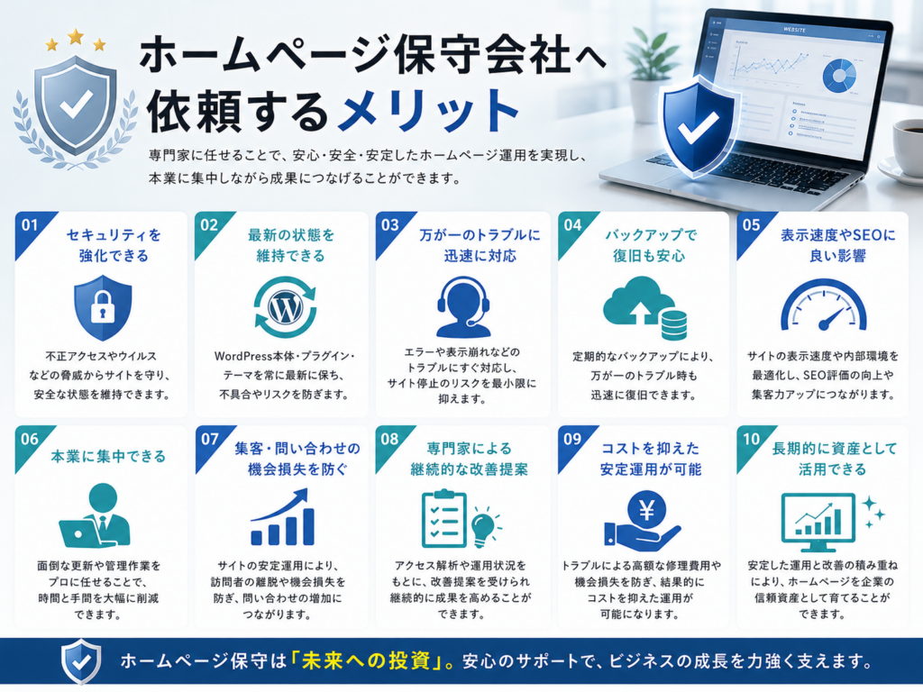 ホームページ保守会社へ依頼するメリットを解説。WordPress保守やセキュリティ対策、バックアップ、トラブル対応、表示速度改善、SEO対策、本業への集中、集客機会の維持、コスト削減、継続的な改善提案など、保守サービスを利用するメリットを分かりやすく紹介