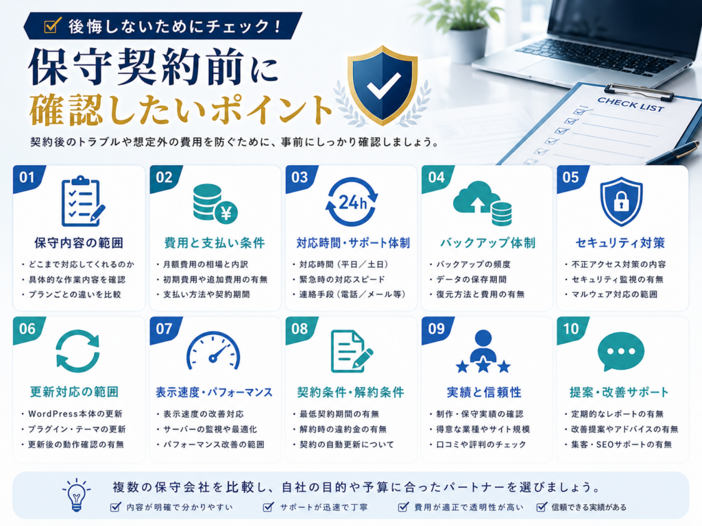 ホームページ保守契約前に確認したいポイントを解説。保守内容の範囲、費用と支払い条件、サポート体制、バックアップ、セキュリティ対策、更新対応、契約条件、実績、改善提案など、ホームページ保守会社を選ぶ際に確認すべき重要なポイントを分かりやすく紹介