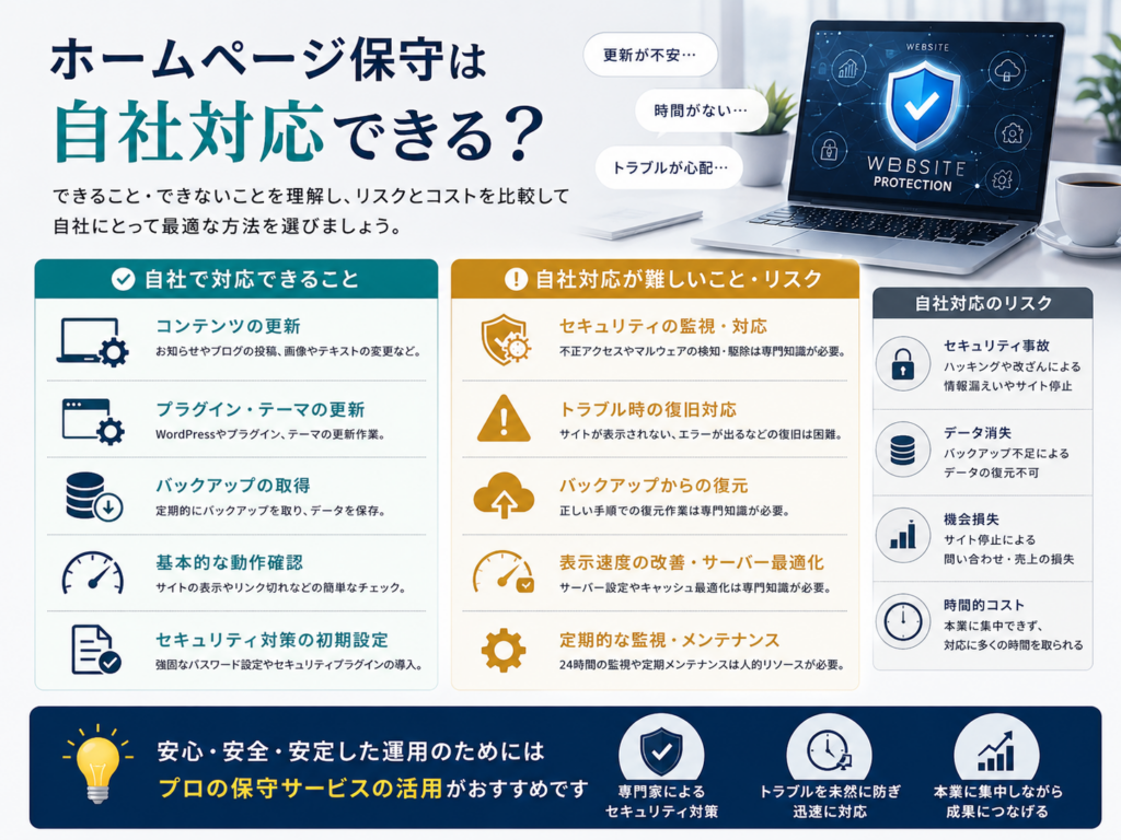 ホームページ保守は自社対応できるのかを解説。自社で対応できる保守作業と専門会社へ依頼した方がよい業務を比較し、WordPress更新、バックアップ、セキュリティ対策、トラブル対応、運用管理など、自社対応のメリット・デメリットを分かりやすく紹介