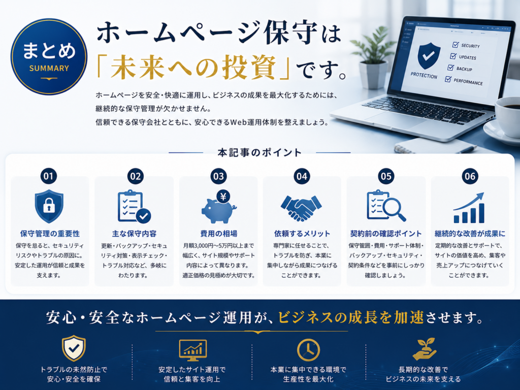 ホームページ保守の重要性をまとめ。ホームページ保守の必要性や保守内容、費用相場、保守会社へ依頼するメリット、契約前の確認ポイントを総まとめし、安全なサイト運用と継続的な集客・売上向上につながるポイントを分かりやすく紹介