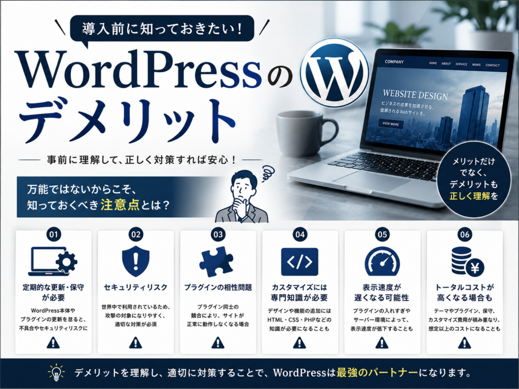 WordPressのデメリットや注意点、セキュリティ対策や運用時の課題を解説するホームページ制作
