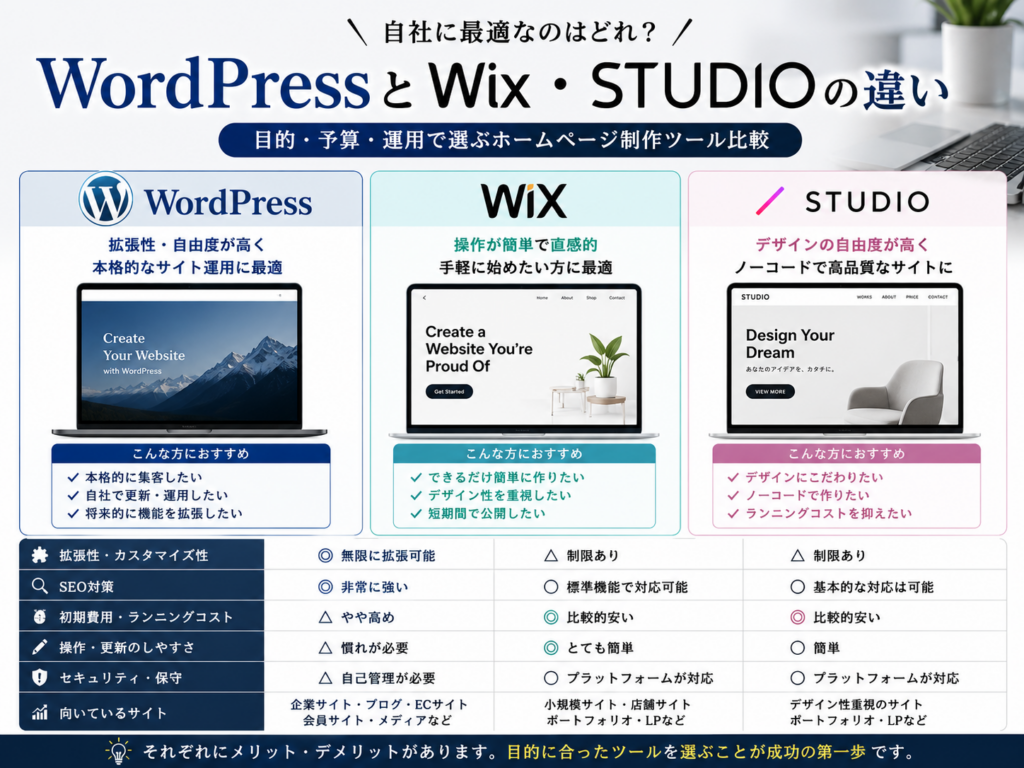 WordPressとWix・STUDIOの違いをSEO・費用・機能・更新性の観点から比較したホームページ制作