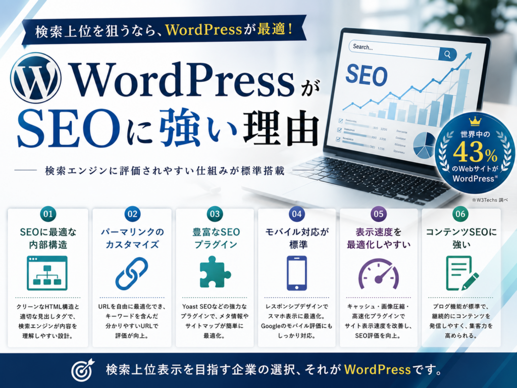 WordPressがSEOに強い理由を内部構造・表示速度・モバイル対応・SEO機能の観点から解説