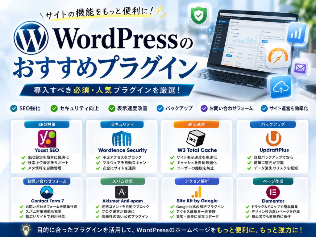 WordPressのおすすめプラグインをSEO・セキュリティ・表示速度・バックアップ・お問い合わせ機能別に紹介