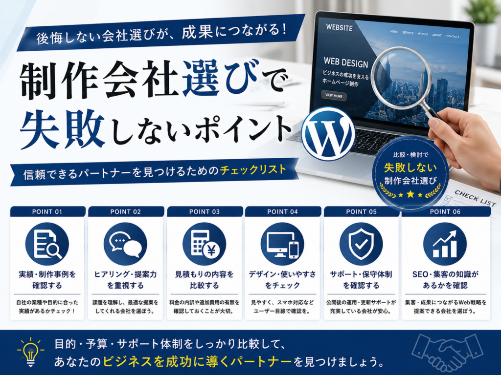 ホームページ制作会社選びで失敗しないポイントを実績・SEO・サポート体制・見積もりの観点から解説