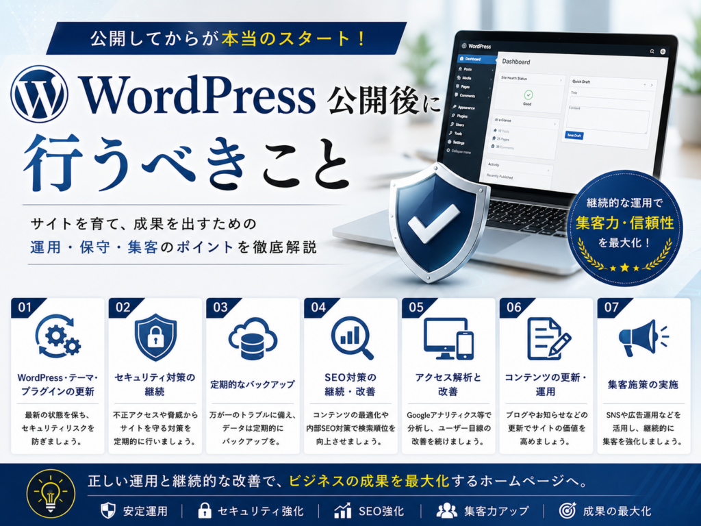 WordPress公開後に行うべき更新・SEO対策・アクセス解析・保守運用を解説するホームページ制作
