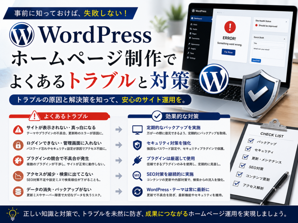 WordPressホームページ制作でよくあるトラブルと対策をセキュリティ・表示不具合・SEO・バックアップの観点から解説