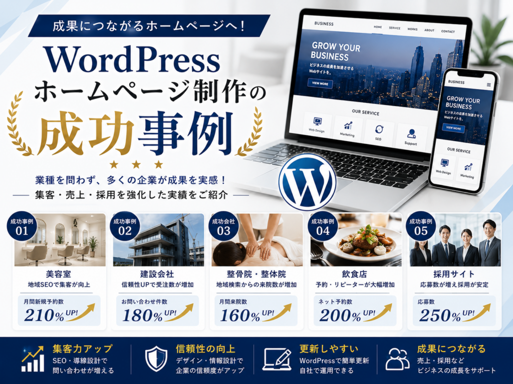 WordPressホームページ制作の成功事例を集客・SEO・問い合わせ・採用成果とともに紹介