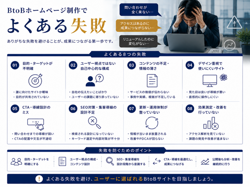 BtoBホームページ制作でよくある失敗｜目的・コンテンツ・SEO・CTA・運用設計で失敗しないためのポイント