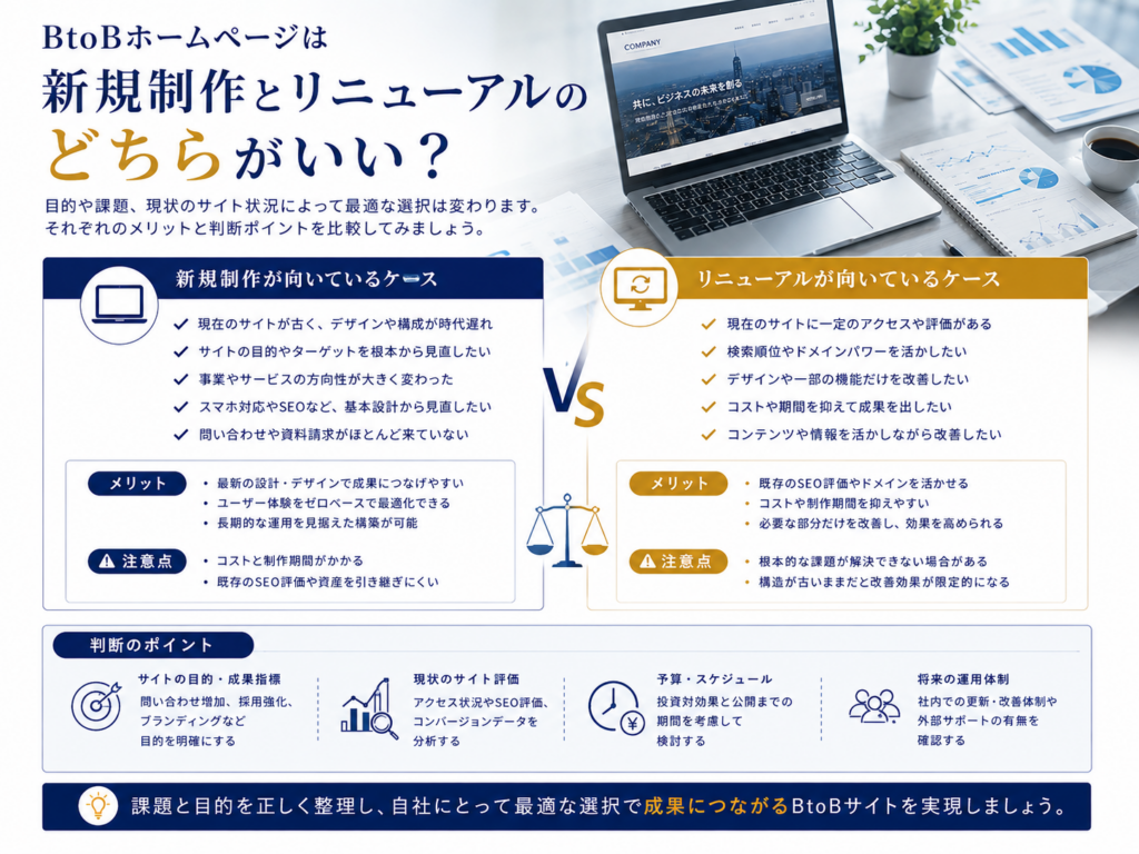 BtoBホームページは新規制作とリニューアルのどちらがいい？｜目的・費用・SEO・サイト状況から判断するポイント