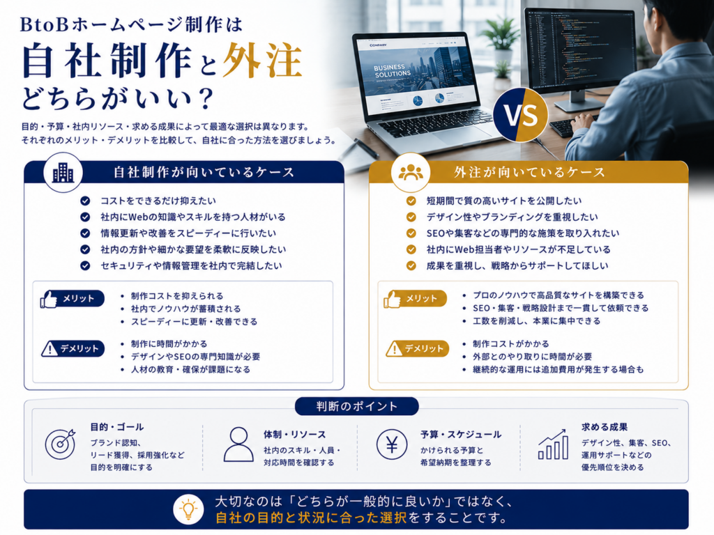 BtoBホームページ制作は自社制作と外注どちらがいい？｜費用・社内リソース・SEO・制作体制を比較するポイント