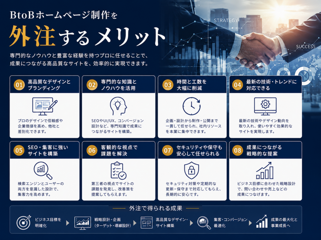 BtoBホームページ制作を外注するメリット｜SEO・デザイン・集客の専門知識を活用して成果につなげる方法