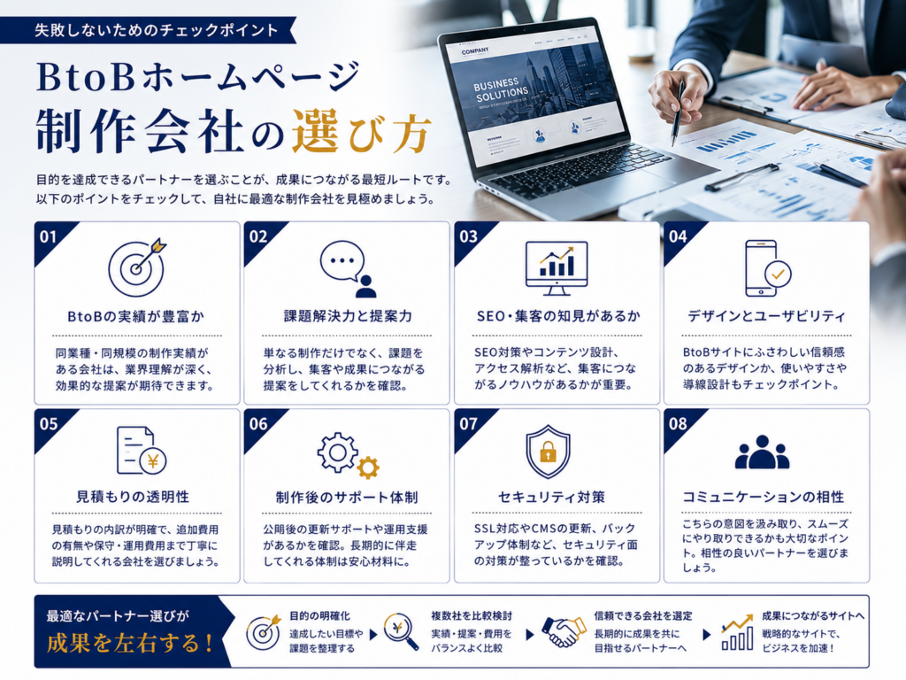 BtoBホームページ制作会社の選び方｜実績・SEO・提案力・費用・サポート体制を比較するポイント