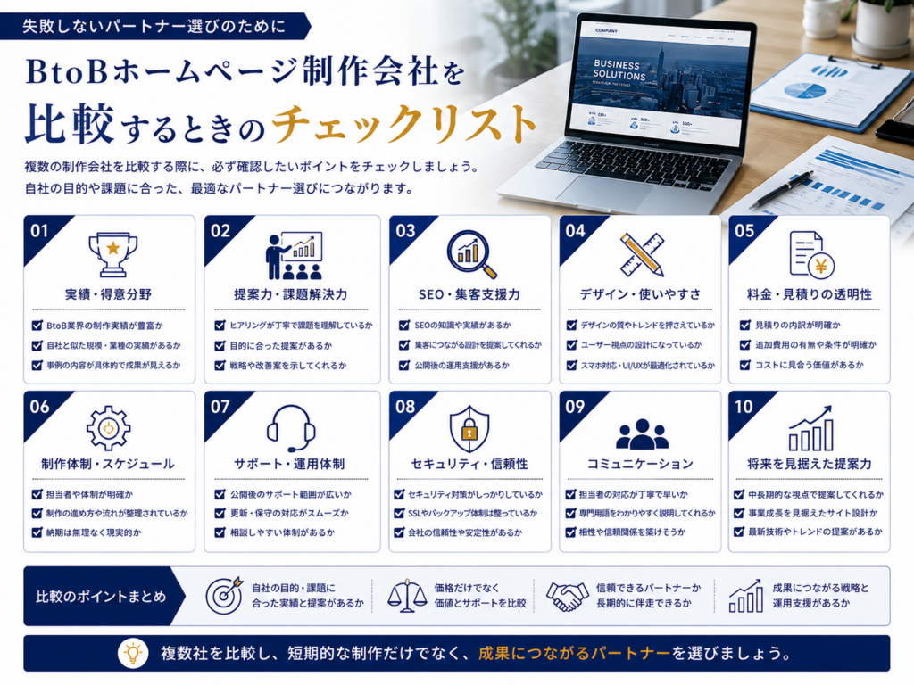 BtoBホームページ制作会社を比較するときのチェックリスト｜実績・SEO・費用・サポート・提案力の確認ポイント