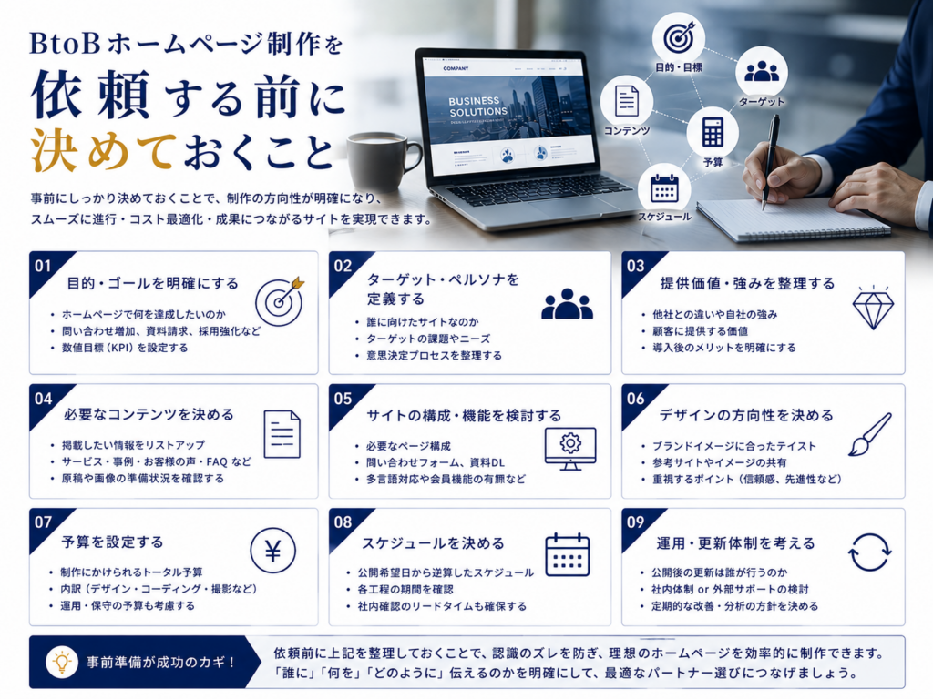 BtoBホームページ制作を依頼する前に決めておくこと｜目的・ターゲット・予算・サイト構成・運用体制の準備ポイント