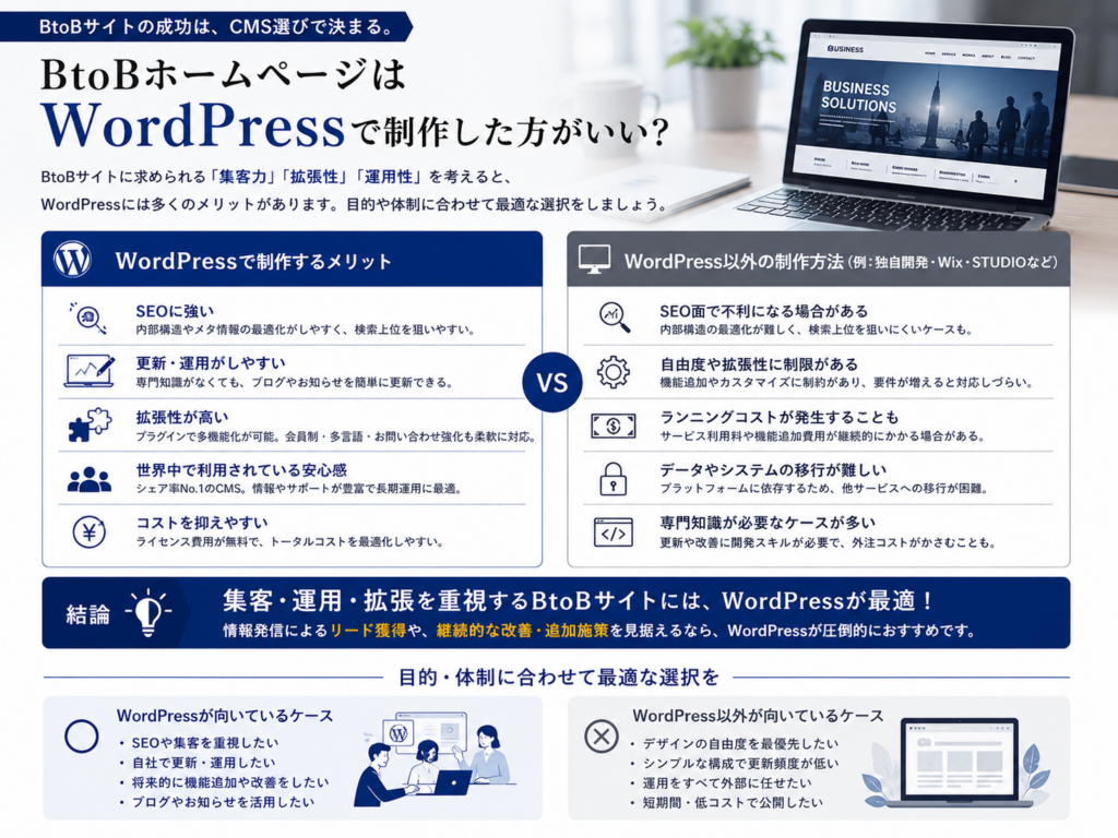 BtoBホームページはWordPressで制作した方がいい？｜SEO・更新性・拡張性・費用から考えるCMSの選び方