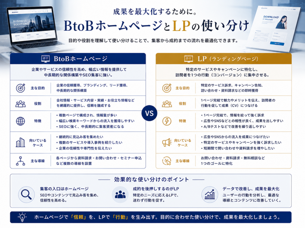 BtoBホームページとLPの使い分け｜SEO集客・信頼獲得と問い合わせ・コンバージョンを増やす活用方法