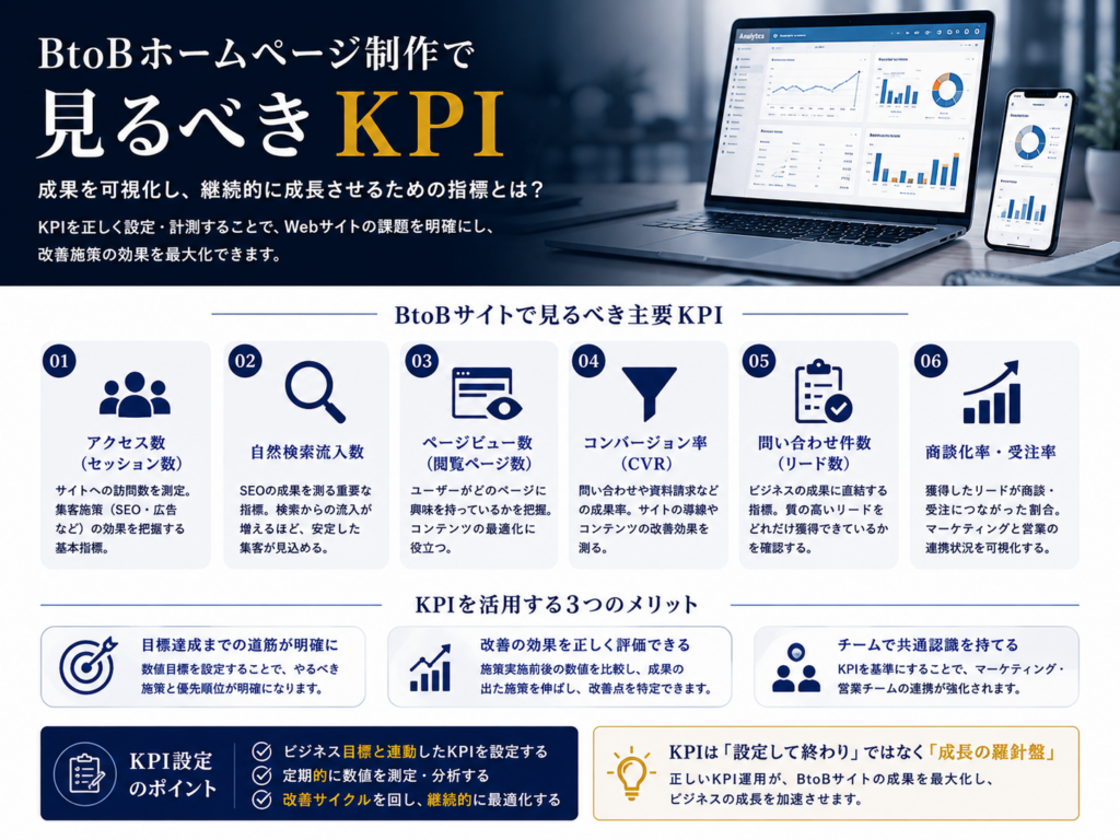 BtoBホームページ制作で見るべきKPI｜アクセス数・自然検索流入・CVR・問い合わせ件数・商談化率を分析するポイント