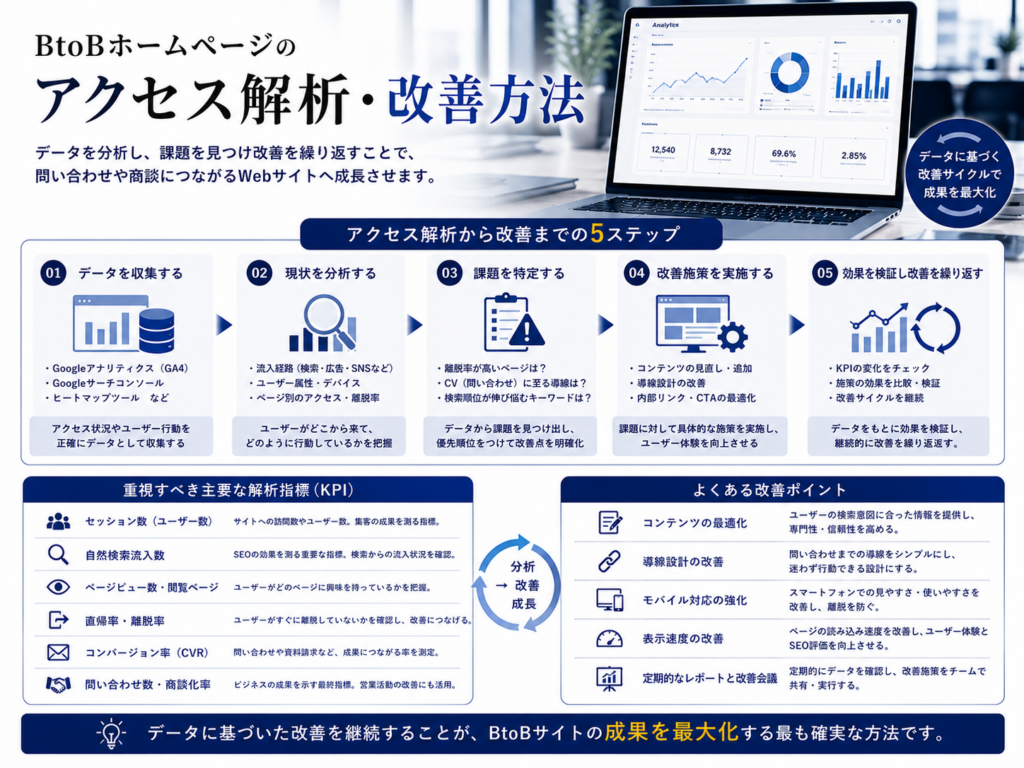 BtoBホームページのアクセス解析・改善方法｜GA4・検索流入・CVR・問い合わせ数を分析して成果を高めるポイント