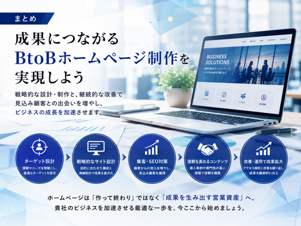 成果につながるBtoBホームページ制作｜ターゲット設計・SEO対策・信頼性・公開後の運用改善で問い合わせを増やすポイント