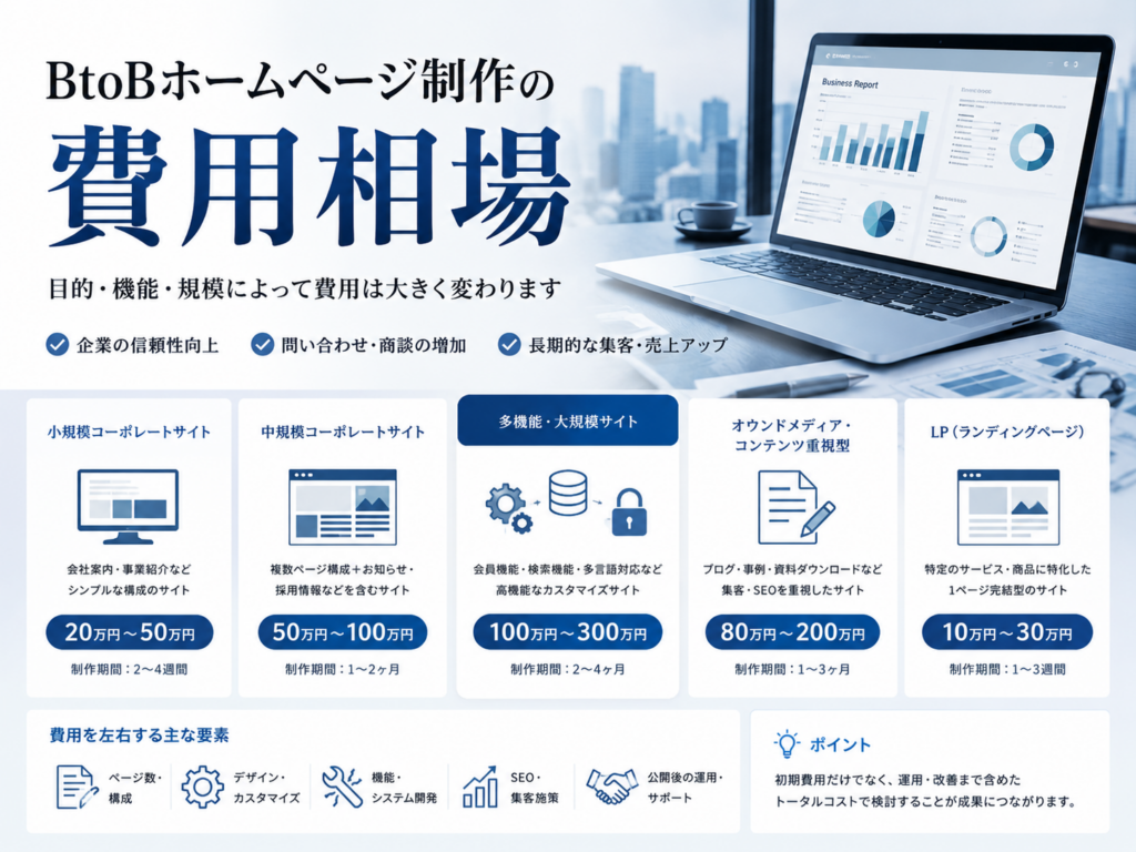 BtoBホームページ制作の費用相場｜サイト規模・機能別の制作料金と費用を左右するポイント