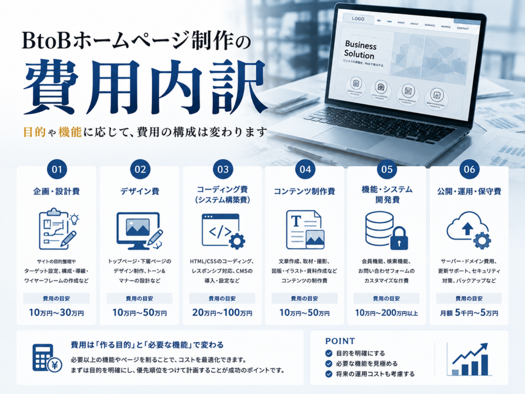 BtoBホームページ制作の費用内訳｜企画・デザイン・コーディング・コンテンツ制作・運用保守の費用目安