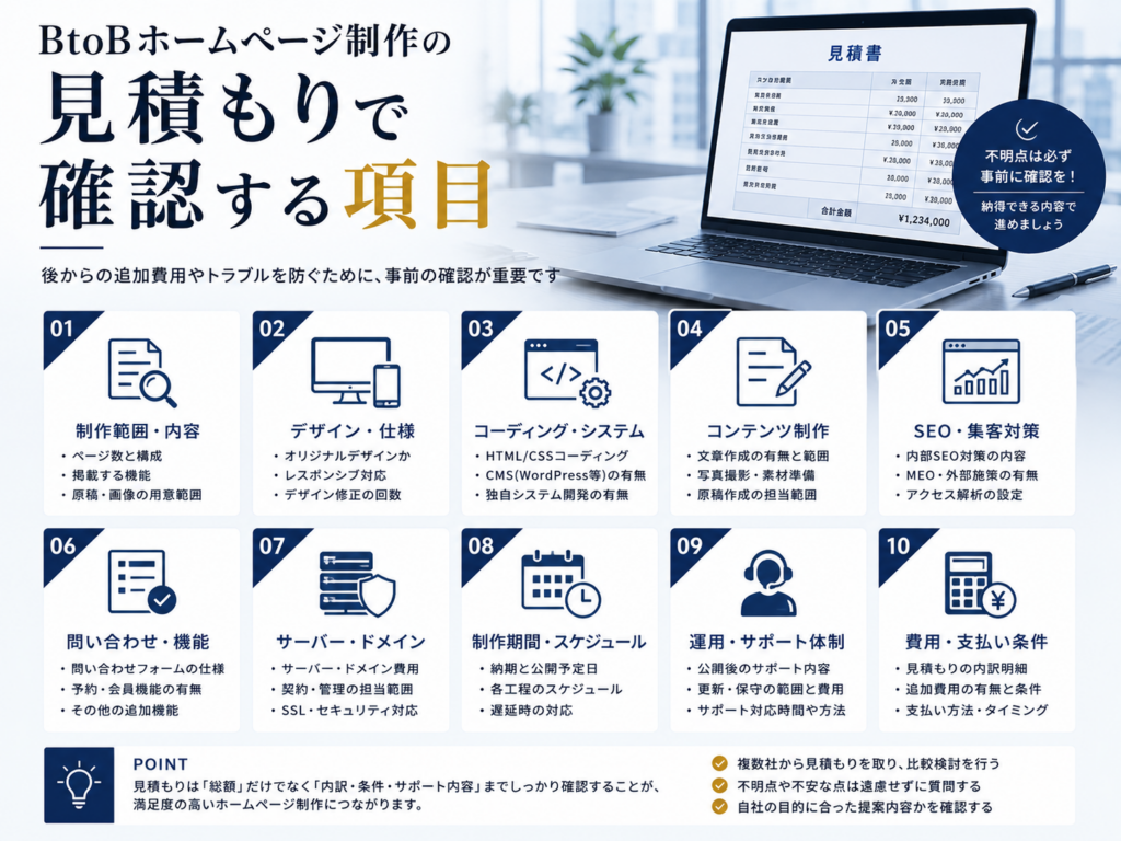 BtoBホームページ制作の見積もりで確認する項目｜費用内訳・制作範囲・SEO対策・運用サポートのチェックポイント