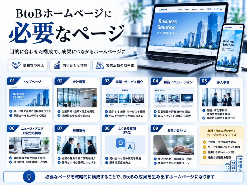 BtoBホームページに必要なページ｜会社概要・サービス紹介・導入事例・FAQ・問い合わせなどのサイト構成