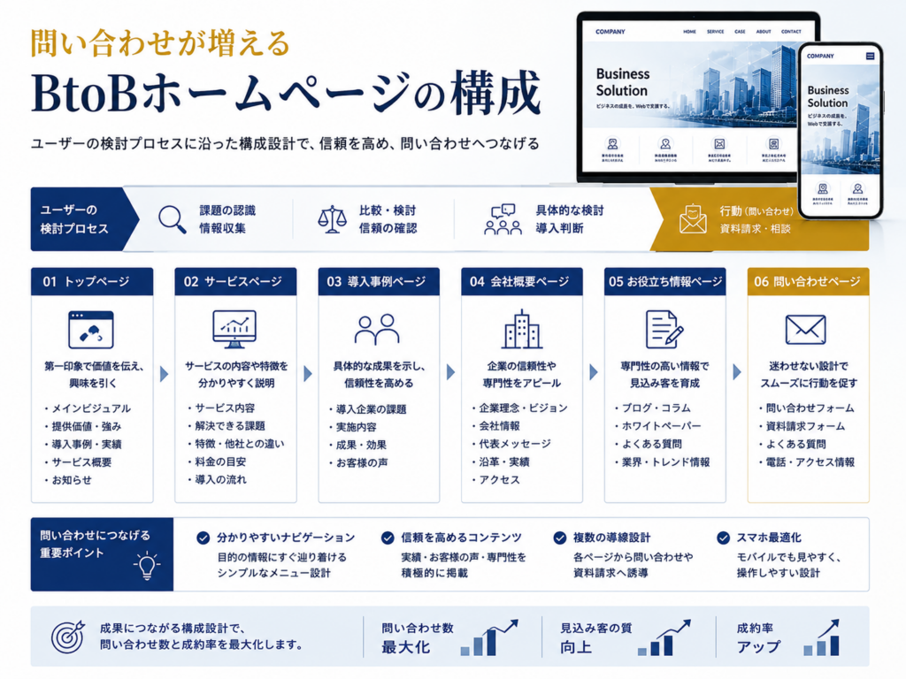問い合わせが増えるBtoBホームページの構成｜サービス・導入事例・会社概要・お役立ち情報から相談につなげる導線設計