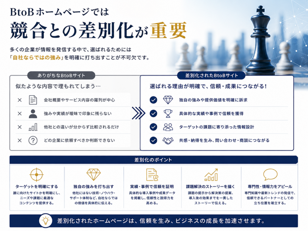 BtoBホームページでは競合との差別化が重要｜自社の強み・実績・専門性を伝えて選ばれるサイトを作るポイント