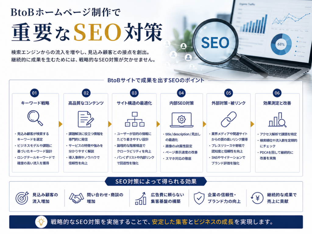 BtoBホームページ制作で重要なSEO対策｜キーワード設計・コンテンツ・内部SEOで検索流入と問い合わせを増やす方法