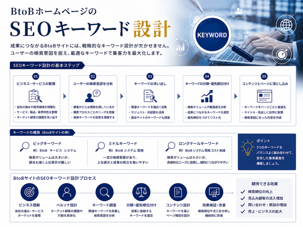 BtoBホームページのSEOキーワード設計｜検索意図に合わせたキーワード選定で検索流入と問い合わせを増やす方法