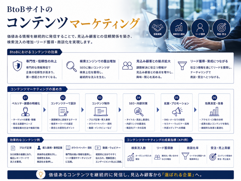 BtoBサイトのコンテンツマーケティング｜SEOで検索流入を増やし見込み顧客・問い合わせ・商談獲得につなげる方法