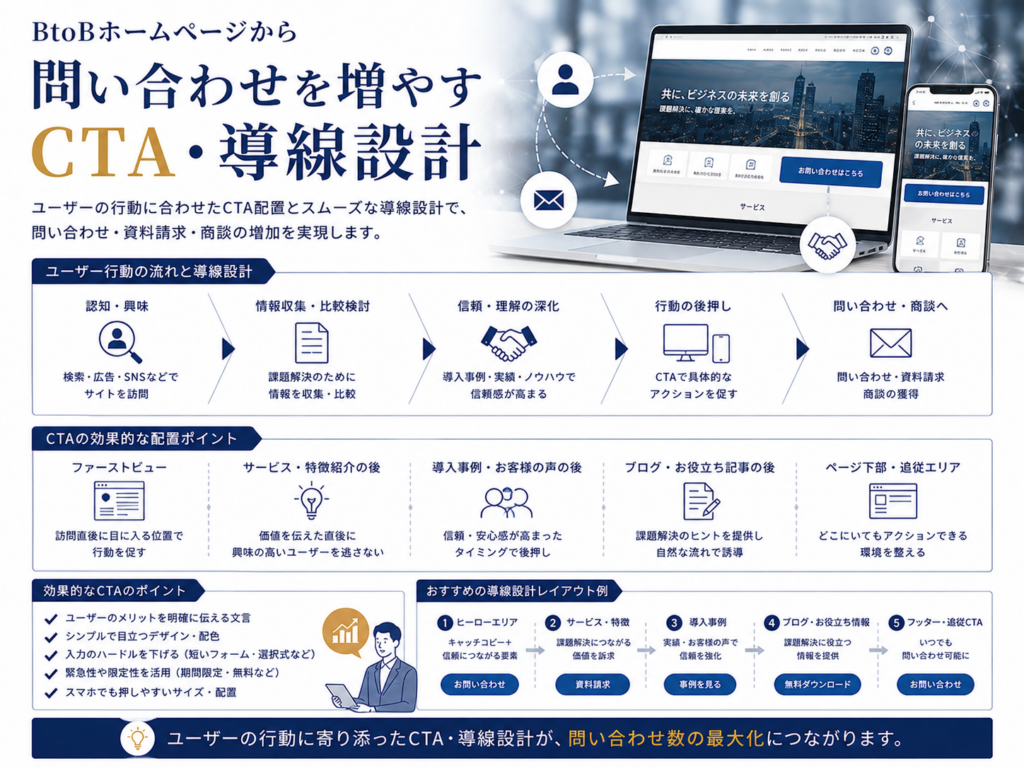 BtoBホームページから問い合わせを増やすCTA・導線設計｜資料請求・相談・商談につなげる効果的な配置とポイント