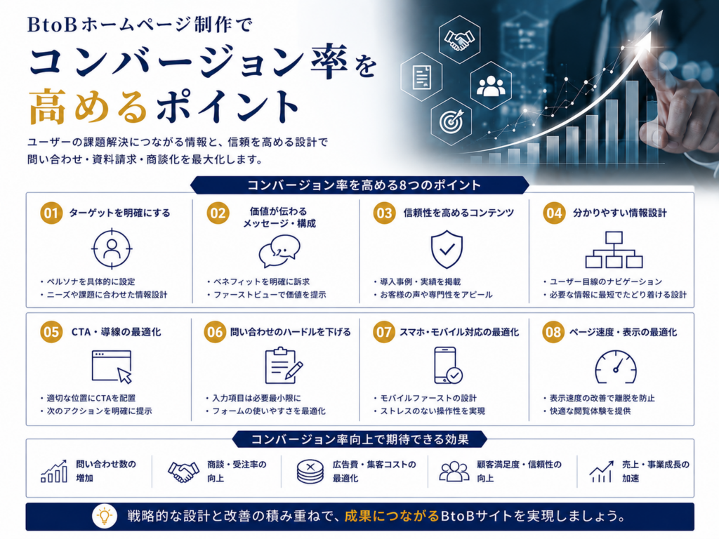 BtoBホームページ制作でコンバージョン率を高めるポイント｜CTA・問い合わせ導線・信頼性・フォーム改善で成果を増やす方法