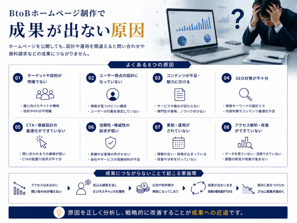BtoBホームページ制作で成果が出ない原因｜ターゲット・SEO・コンテンツ・CTA・アクセス解析の改善ポイント