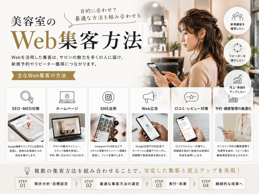 美容室のWeb集客方法｜SEO・MEO・ホームページ・SNS・Web広告で新規予約を増やす施策