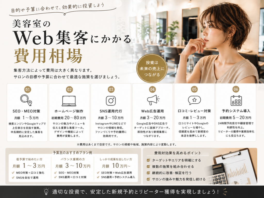 美容室のWeb集客にかかる費用相場｜SEO・MEO・SNS運用・Web広告・ホームページ制作の料金目安