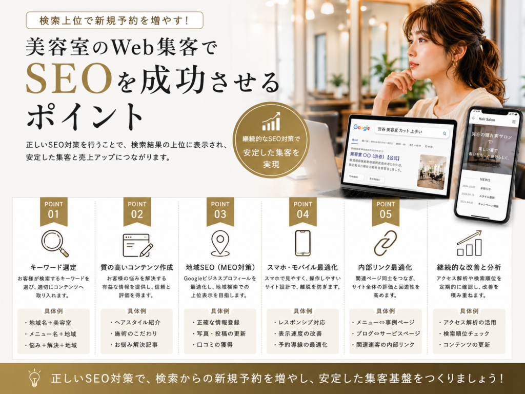 美容室のWeb集客でSEOを成功させるポイント｜キーワード選定・コンテンツ・MEO・内部リンク・アクセス解析