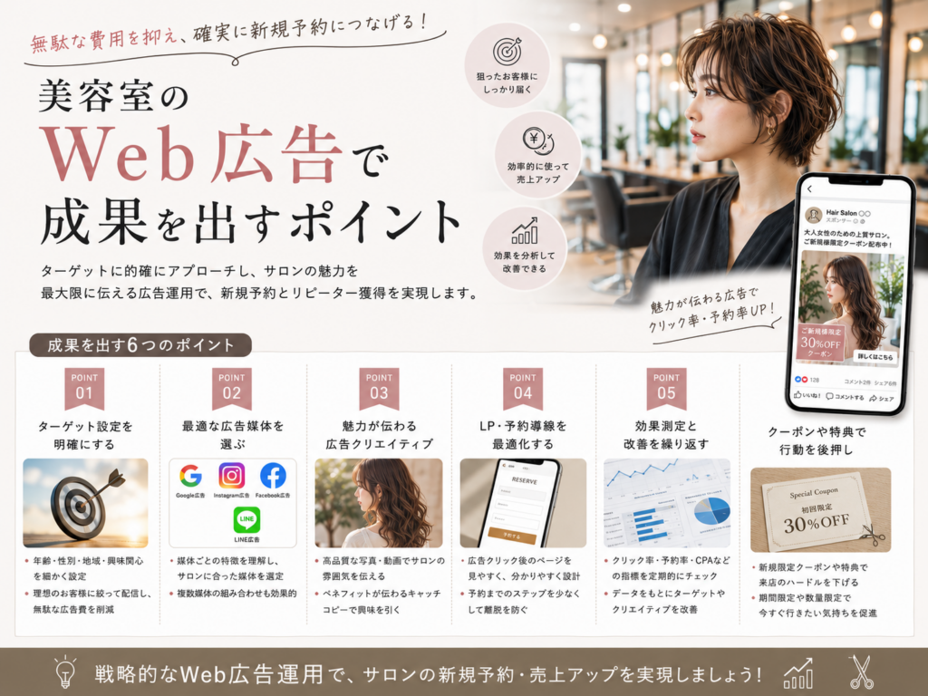 美容室のWeb広告で成果を出すポイント｜ターゲット設定・広告媒体・LP・予約導線・効果測定の改善