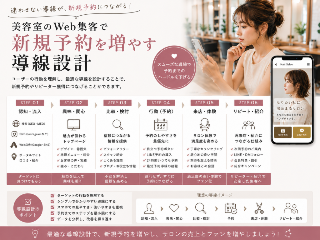 美容室のWeb集客で新規予約を増やす導線設計｜SEO・SNSから予約・来店・リピーター獲得までの流れ