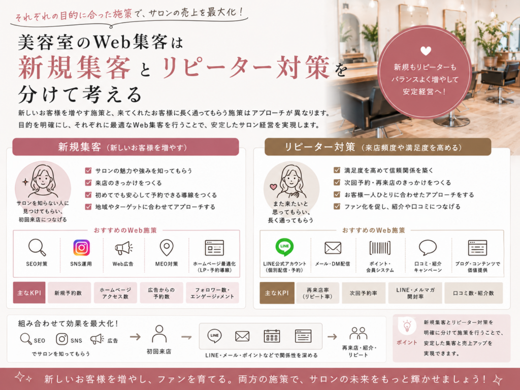 美容室のWeb集客は新規集客とリピーター対策を分けて考える｜SEO・SNS・広告と再来店施策の使い分け